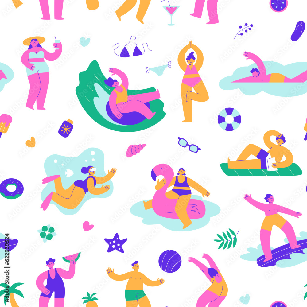Seamless summer pattern. People on the beach are relaxing and having fun. Vector flat illustration for printing on fabric and paper Seamless summer pattern. People on the beach are relaxing and having fun. Vector flat illustration for printing on fabric and paper