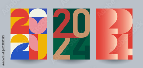 New 2024 Year posters set. Geometric logo 2024 for branding, banner, cover, invitation card.