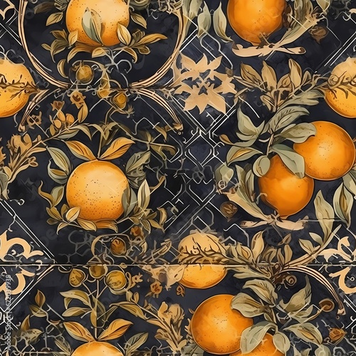 Seamless vintage pattern with lemons, oranges. Sicilian vintage style tiles. Bright illustration of lemon branches drawn. Italy summer garden. Design for fabric, tablecloth, paper, print