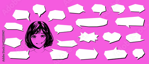 Manga, comic, anime, cartoon style speech bubbles, various shapes of speech blocks for talk. Anime, manga, comic strip, cartoon speech bubbles style. Vector balloons set. Message callouts.