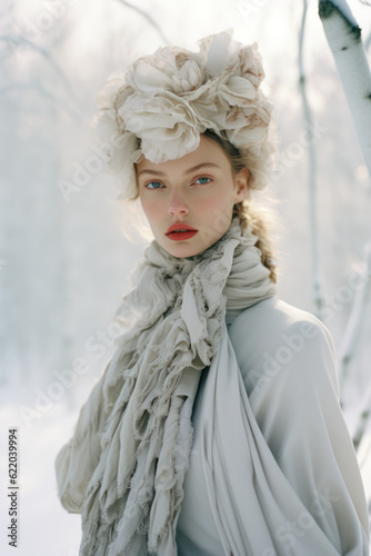 portrait of a woman/model/book character surrounded by snow in wintery landscape with a thoughtful expression in a fashion/beauty editorial magazine style film photography look - generative ai art