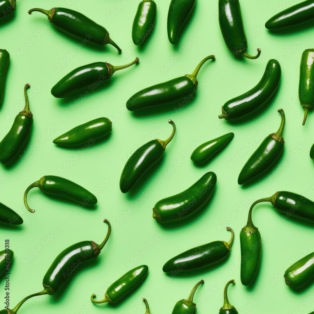 Jalapeño Parade: Abundance of Scattered Jalapeños on a Green Background. Generative AI. Jalapeño Parade: Abundance of Scattered Jalapeños on a Green Background. Generative AI.