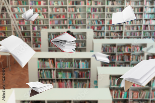 Many flying books in library