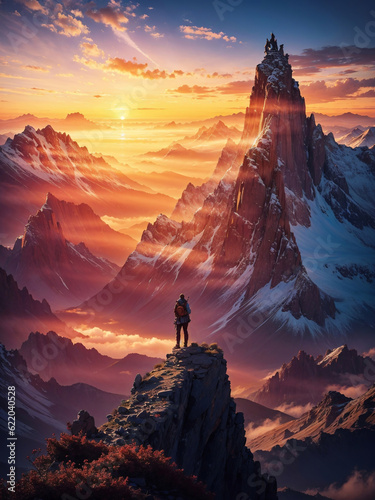 Hikers on a summit in a wintry mountain landscape. Digital painting illustration created with Generative AI technology.
