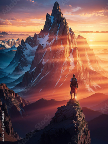 Hikers on a summit in a wintry mountain landscape. Digital painting illustration created with Generative AI technology.