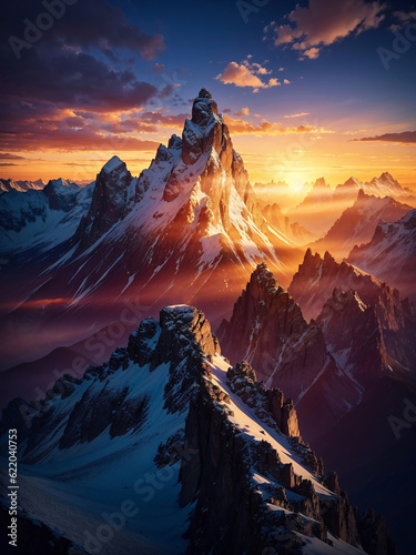 Hikers on a summit in a wintry mountain landscape. Digital painting illustration created with Generative AI technology.