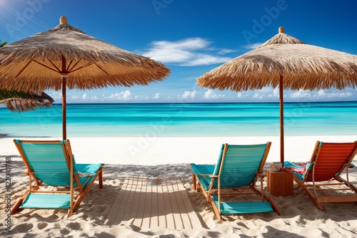 Beach chairs with umbrella and beautiful sand beach  tropical beach with white sand and turquoise water. Travel summer holiday background concept