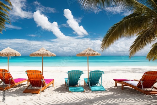 Beach chairs with umbrella and beautiful sand beach, tropical beach with white sand and turquoise water. Travel summer holiday background concept