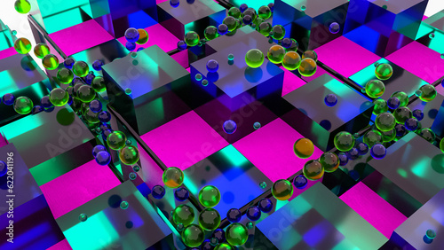 Abstract background of glass multi-colored cubes and spheres. 3d render. Illustration