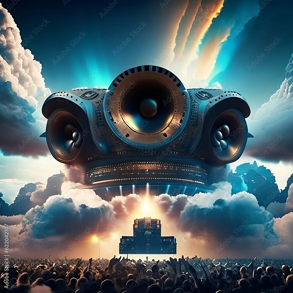 Big rave party in front of a huge soundsystem in the skies in ancient ...