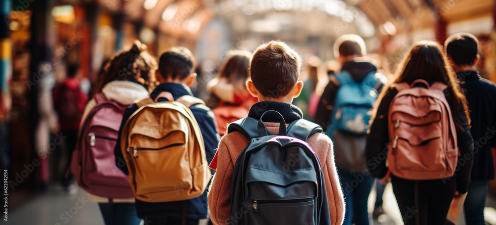 Children in their way back to school. Image generative AI. Children in their way back to school. Image generative AI.