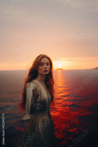 illustration of a woman/book character in formal clothes overlooking the coastline during sunset looking lost/sad/thoughtful reminding of Scottish landscapes