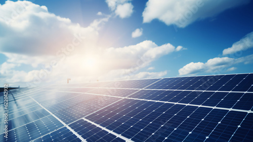 Solar Power: solar panels with sun shining on them, emphasizing renewable energy. generative ai