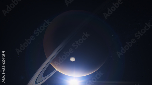 3D animation of Saturn and its moon Mimas or Titan in outer space. Mysterious Saturn rings. Sun, stars and galaxies on background. Solar system planet. Universe exploration. Camera Rotation.