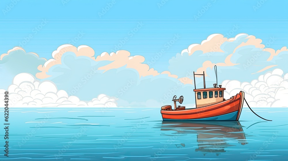 Fishing boat in the sea. Illustration in a cartoon style with clouds and sky in the background