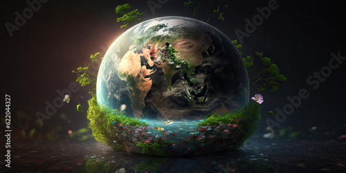 Earth crystal glass globe ball and growing tree in human hands - Generative AI