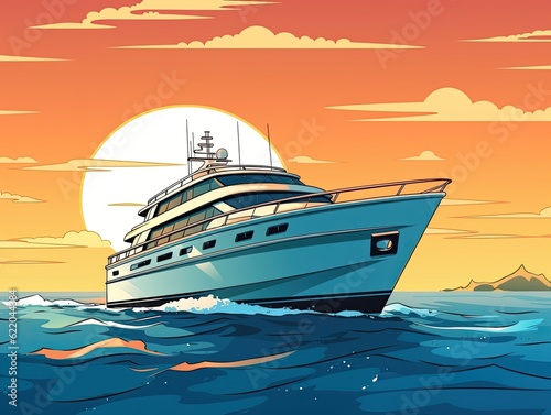 Cartoon style illustration of a yacht in the sea at sunset.
