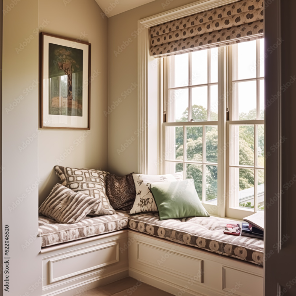 Window seat, interior design and comfort at home, reading nook with cushions and decor in a country house, English cottage style, generative ai - obrazy, fototapety, plakaty 