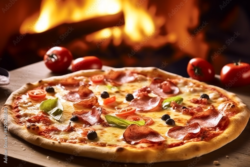 Pizza capricciosa homemade with fire in the oven, online delivery from pizzeria, take away and italian fast food, generative ai