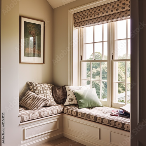 Window seat, interior design and comfort at home, reading nook with cushions and decor in a country house, English cottage style, generative ai photo