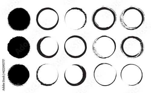 Set of vector textured circles. Collection of round paint brush strokes. Hand drawn brush stroke textures