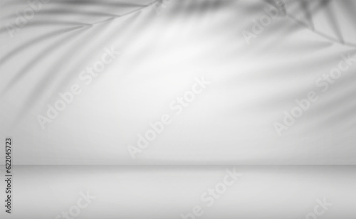 Vector abstract background with white wall and shadow overlay of palm leaves silhouette. Sunlight effect in a room for product display advertisement. Mockup template