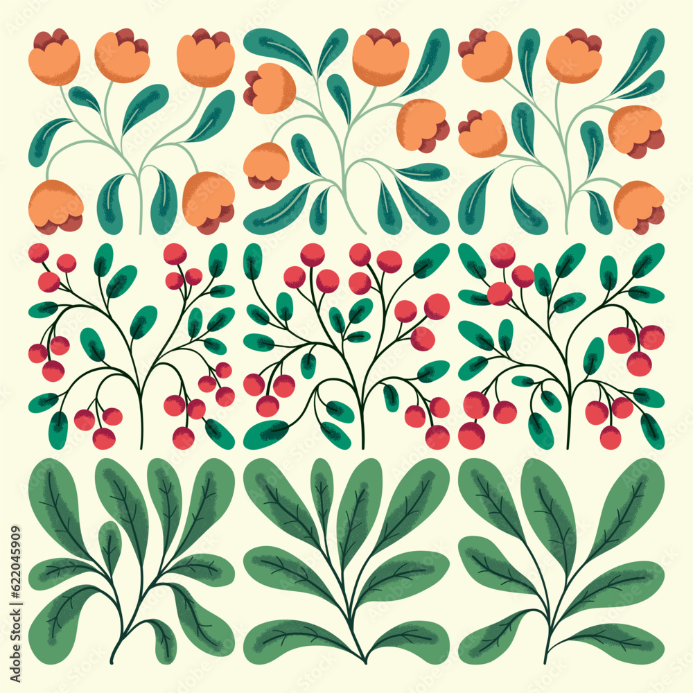 A set of ornamental plants inscribed in a square. Collection with hand drawn summer botany in retro style: small wild flowers, leaves, twigs, berries isolated on white background. Vector illustration.