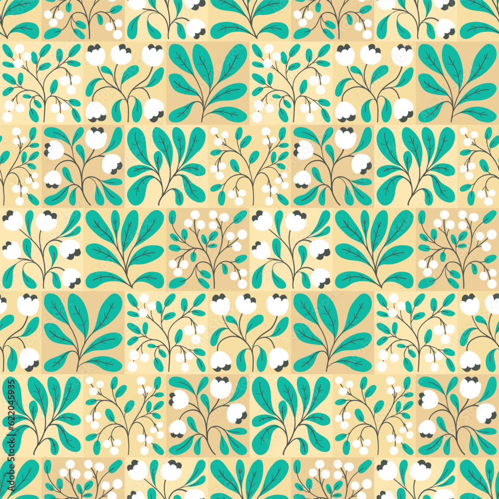 Seamless floral pattern, decorative ornament of hand drawn plants in retro folk style. Trendy botanical design, tiles: small flowers, berries, leaves, branches on light background. Vector illustration Seamless floral pattern, decorative ornament of hand drawn plants in retro folk style. Trendy botanical design, tiles: small flowers, berries, leaves, branches on light background. Vector illustration