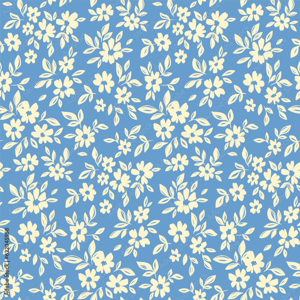 Seamless floral pattern, liberty ditsy print with pretty sketch botany. Artistic botanical design: small hand drawn white flowers, tiny leaves on a blue background. Vector illustration in two colors.