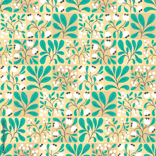 Seamless floral pattern, decorative ornament of hand drawn plants in retro folk style. Trendy botanical design, tiles: small flowers, berries, leaves, branches on light background. Vector illustration