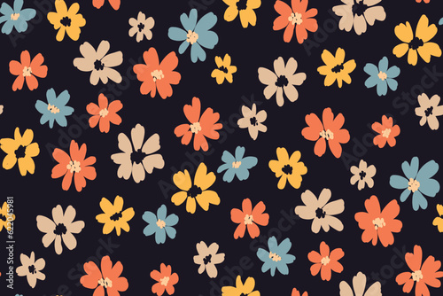 Seamless floral pattern, liberty ditsy print in cute retro style. Pretty botanical fabric or paper design: small hand drawn flowers: multi-colored daisy buds on a dark background. Vector illustration.