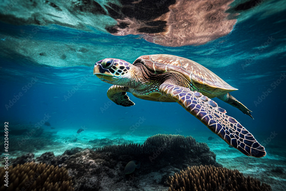 Fototapeta premium Hawaiian Green Sea Turtle (Eretmochelys imbricata) swimming underwater in the Red Sea. selective focus.