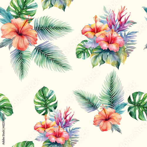 Watercolor pattern with exotic flowers. Seamless realistic vector botanical pattern. Watercolor tropical background. 