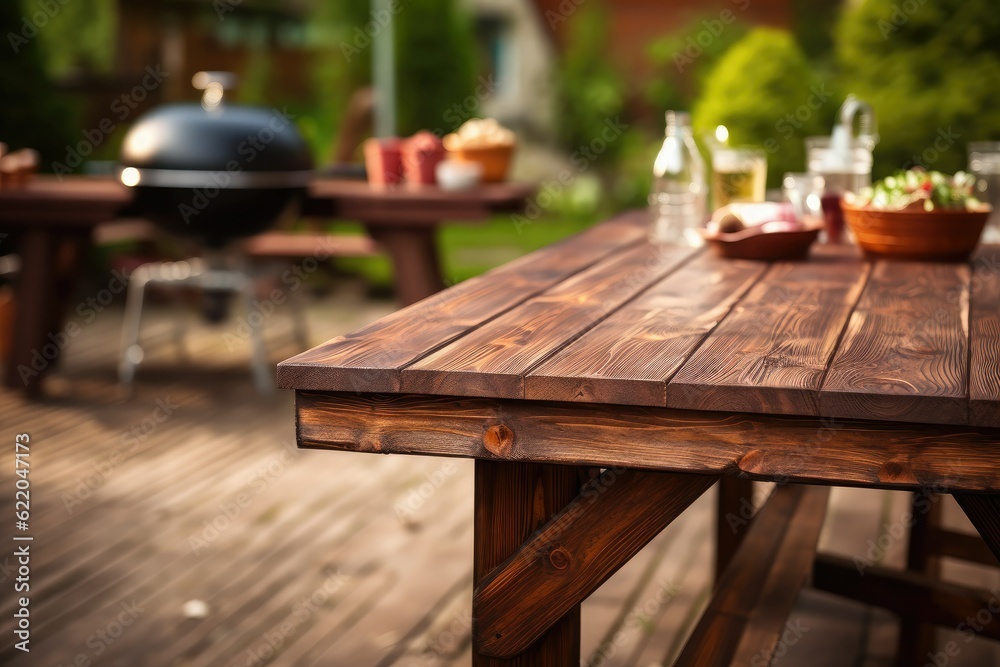 A large empty wooden table with space for promotional items in the yard with a BBQ grill in the background.