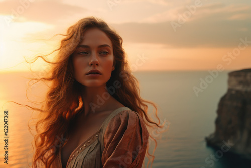 illustration of a woman/book character in formal clothes overlooking the coastline during sunset looking lost/sad/thoughtful reminding of Scottish landscapes © MaryAnn