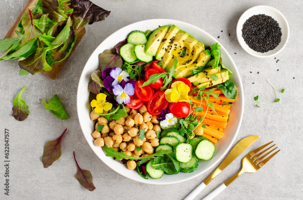 Vegan Buddha Bowl with Chickpeas, Avocado and Fresh Vegetables, Healthy Eating, Vegetarian Meal