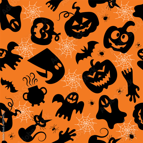Halloween orange festive seamless pattern. Endless background with pumpkins, bats, spiders, ghosts, bones, candies and spider web