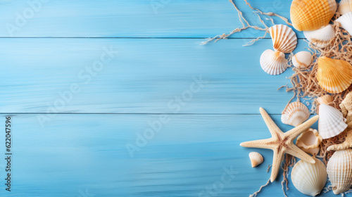 travel, beach, summer, sea, background, ocean, blue, vacation, holiday, wooden, tropical, design, marine, frame, shell, decoration, space, texture, nature, natural, board, star, starfish, copy, concep