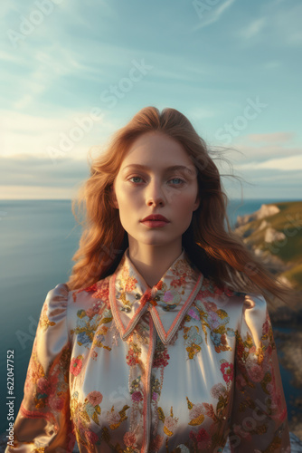  illustration of a woman/book character in formal clothes overlooking the coastline looking lost/sad/thoughtful reminding of Scottish landscapes