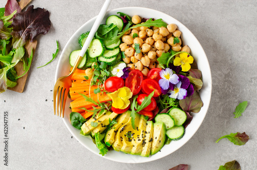 Vegan Buddha Bowl with Chickpeas, Avocado and Fresh Vegetables, Healthy Eating, Vegetarian Meal