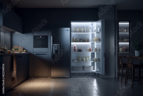 CGI Image of a Modern Illuminated Closed Refrigerator with a Glass Door, Full of Fresh Groceries, in a Modern Kitchen, Evoking Clean Comfort and Nutritious Vegetables