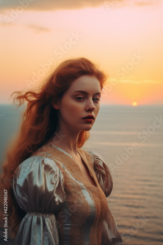  illustration of a woman/book character in formal clothes overlooking the coastline during sunset looking lost/sad/thoughtful reminding of Scottish landscapes