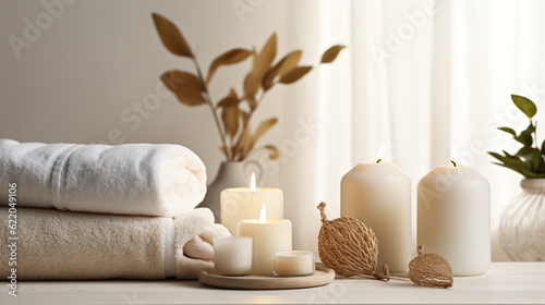 Wellness and Spa  spa accessories  candles  essential oils  and bath salts in a peaceful setting Generative AI