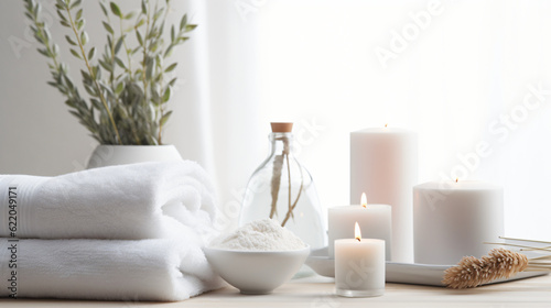 Wellness and Spa: spa accessories, candles, essential oils, and bath salts in a peaceful setting Generative AI © Nico Vincentini
