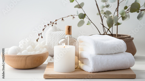 Wellness and Spa: spa accessories, candles, essential oils, and bath salts in a peaceful setting Generative AI