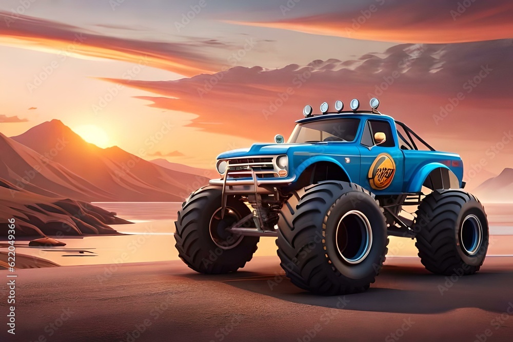 Illustration of a fiery monster truck in cartoon style, perfect for kids. Created with Generative AI technology