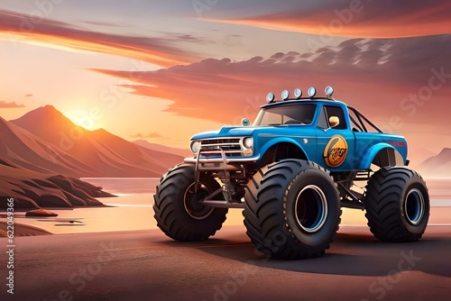 Illustration of a fiery monster truck in cartoon style, perfect for kids. Created with Generative AI technology © Royalty-Free