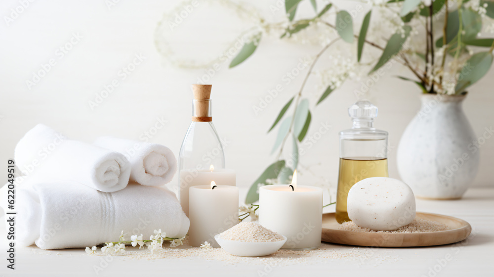 Wellness and Spa: spa accessories, candles, essential oils, and bath salts in a peaceful setting
Generative AI