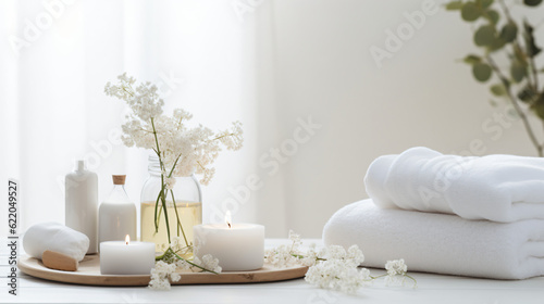 Wellness and Spa  spa accessories  candles  essential oils  and bath salts in a peaceful setting Generative AI