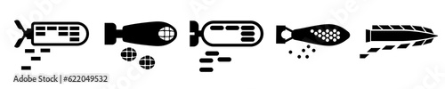 Cluster munitions spreading smaller explosive parts. Different cluster bombs in action. Vector set.